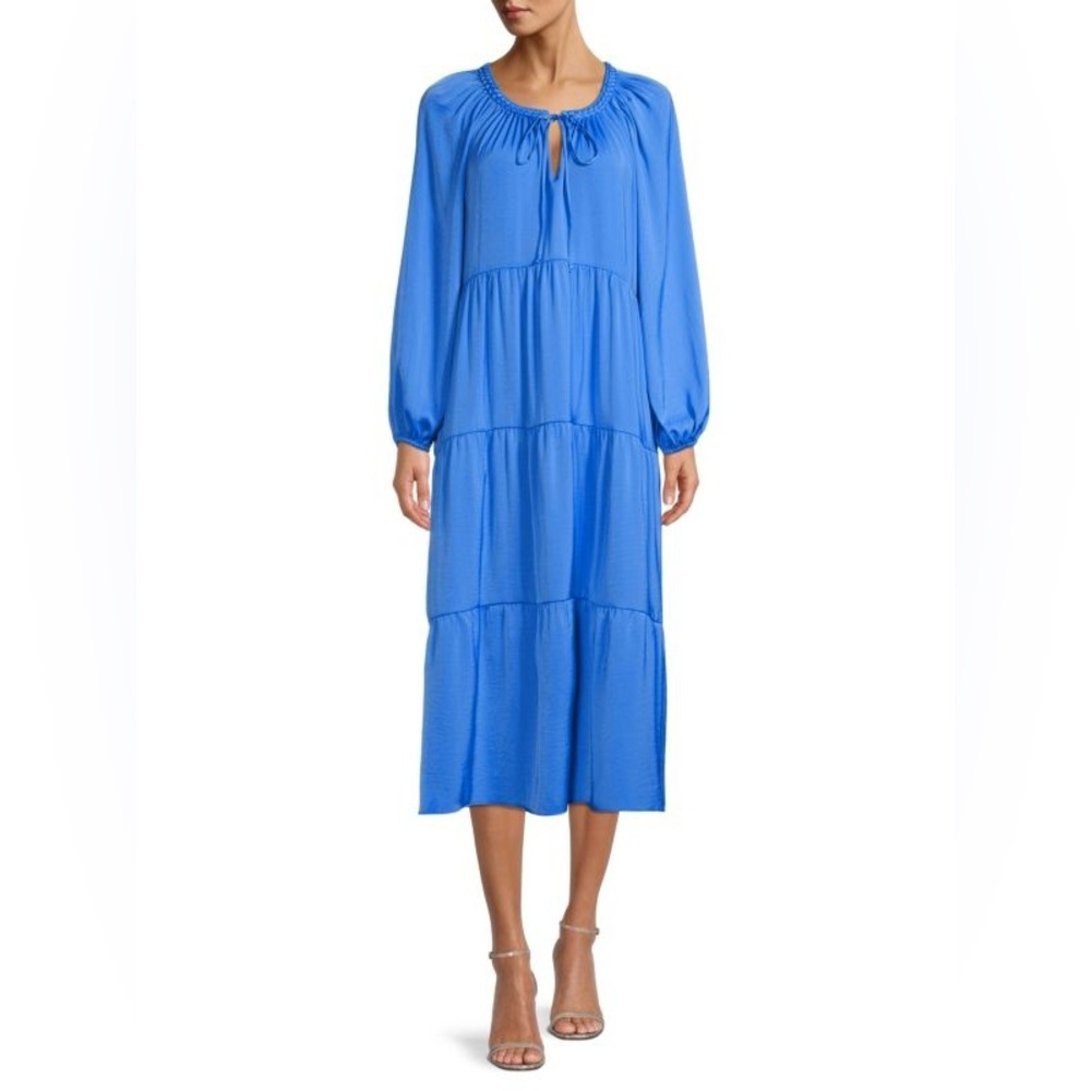 Kobi Halperin Ronni Braided Neck Blouson-Sleeve Tiered Midi Dress Blue Size XL
